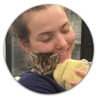 A member of the Medical Team holding Carmella the kitten at Helen Woodward Animal Center. 